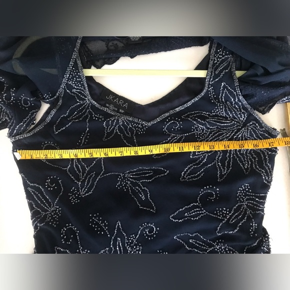 Long navy evening gown with sheer beaded overlay and sheer short jacket - Picture 8 of 8